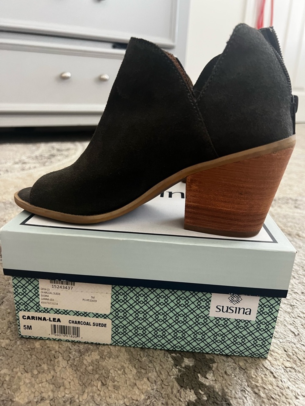 Susina Charcoal Suede Peep-Toe Block Heel Bootie